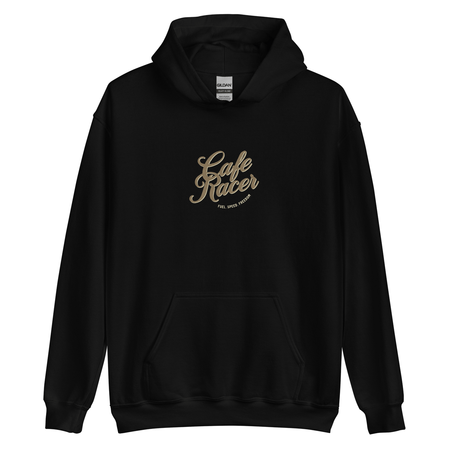 Black Cafe Racer hoodie featuring vintage motorcycle design, ideal for motorbike enthusiasts and classic apparel lovers.