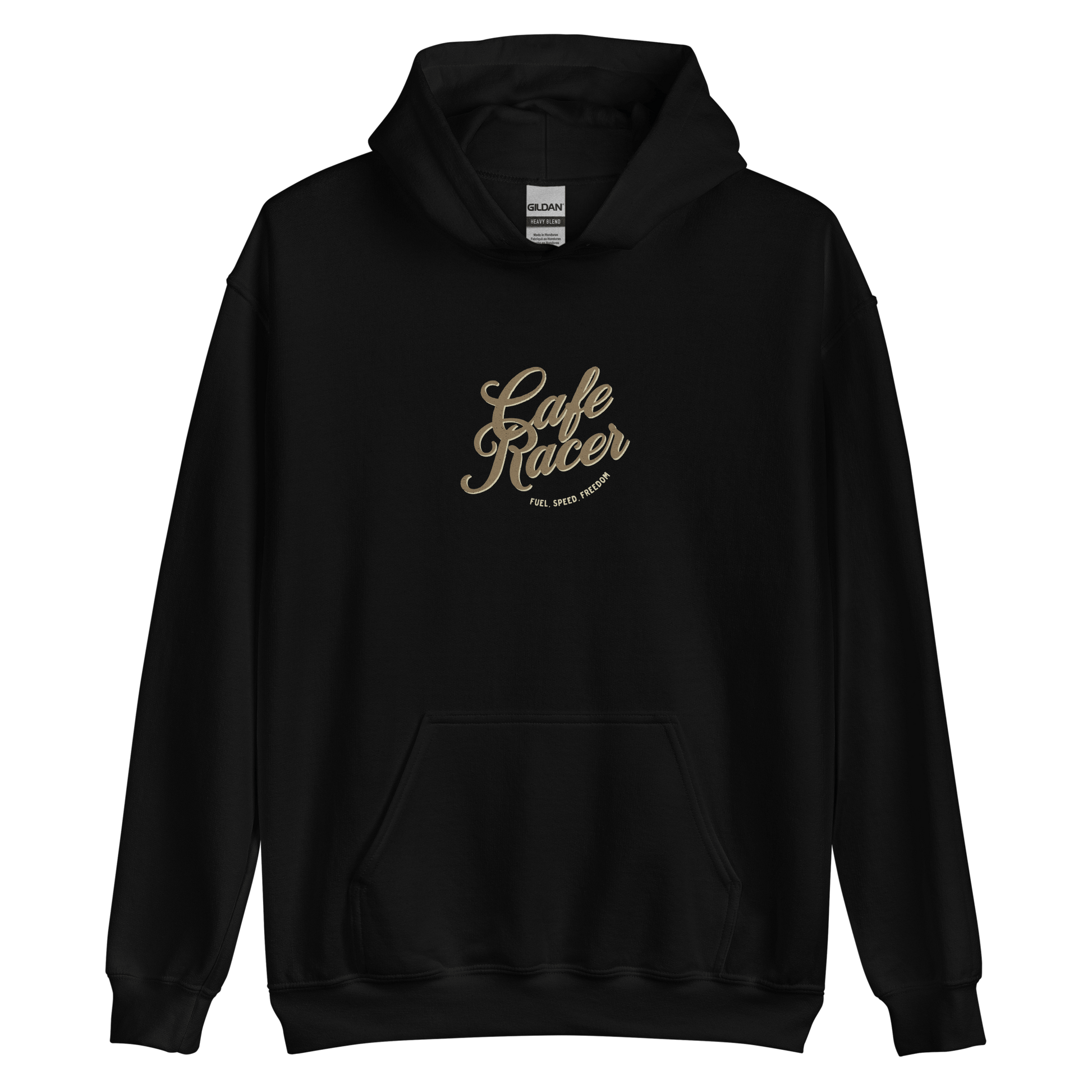 Black Cafe Racer hoodie featuring vintage motorcycle design, ideal for motorbike enthusiasts and classic apparel lovers.