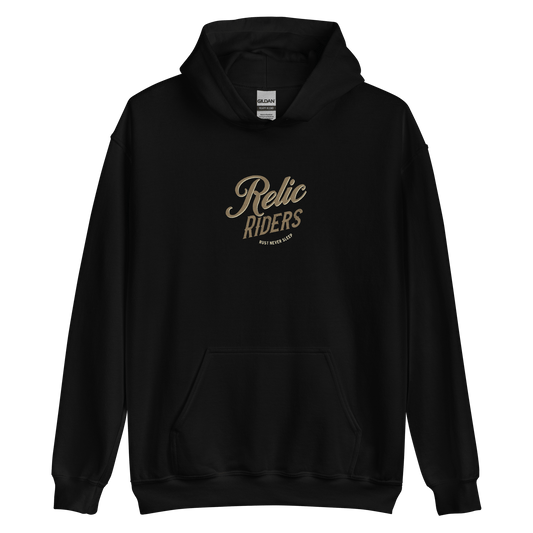 Black Relic Riders Motorcycle Hoodie with classic biker-inspired design, perfect for journey bikers and motorcycle enthusiasts.