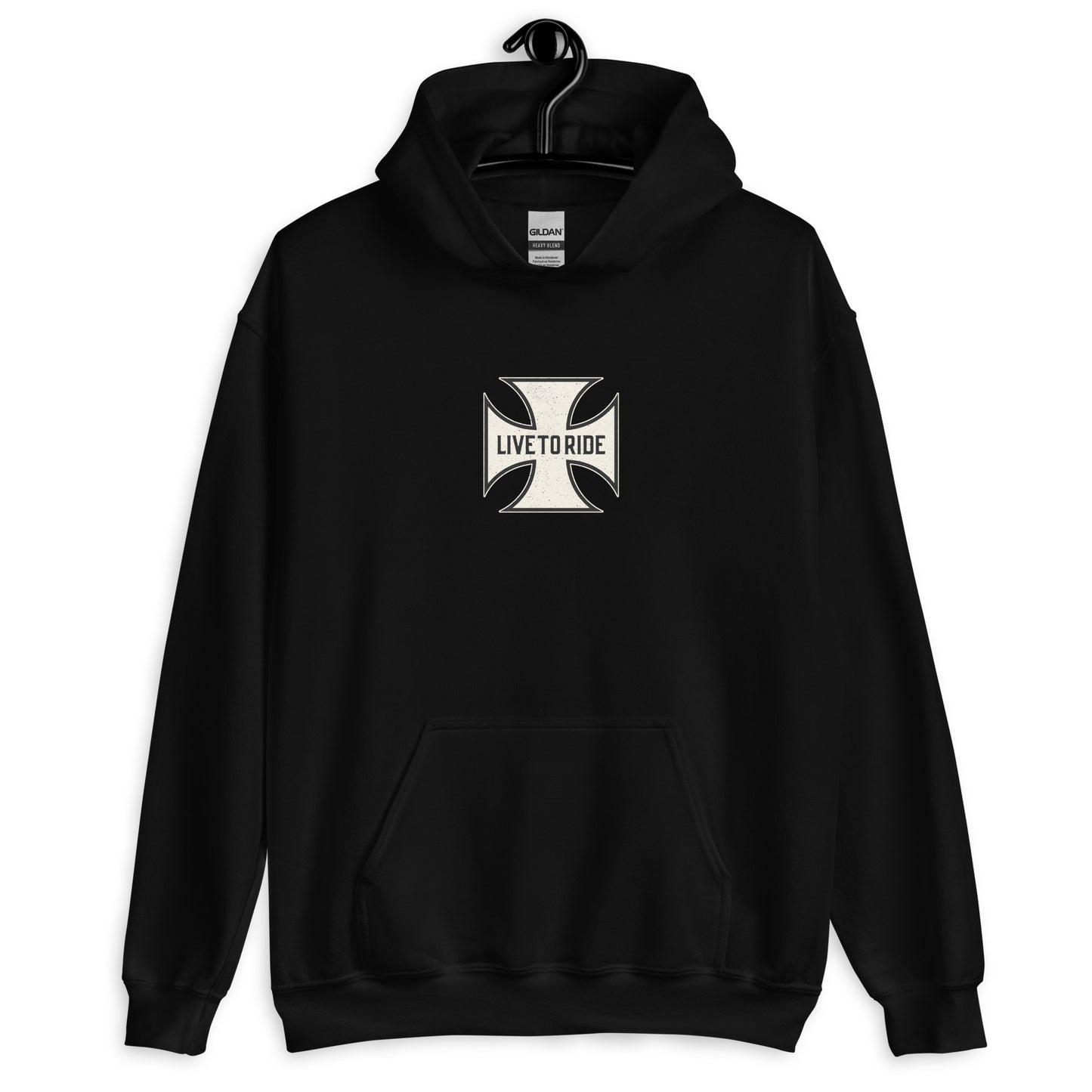 Black Iron Cross hoodie featuring "Live to Ride" graphic design, perfect for motorcycle enthusiasts.