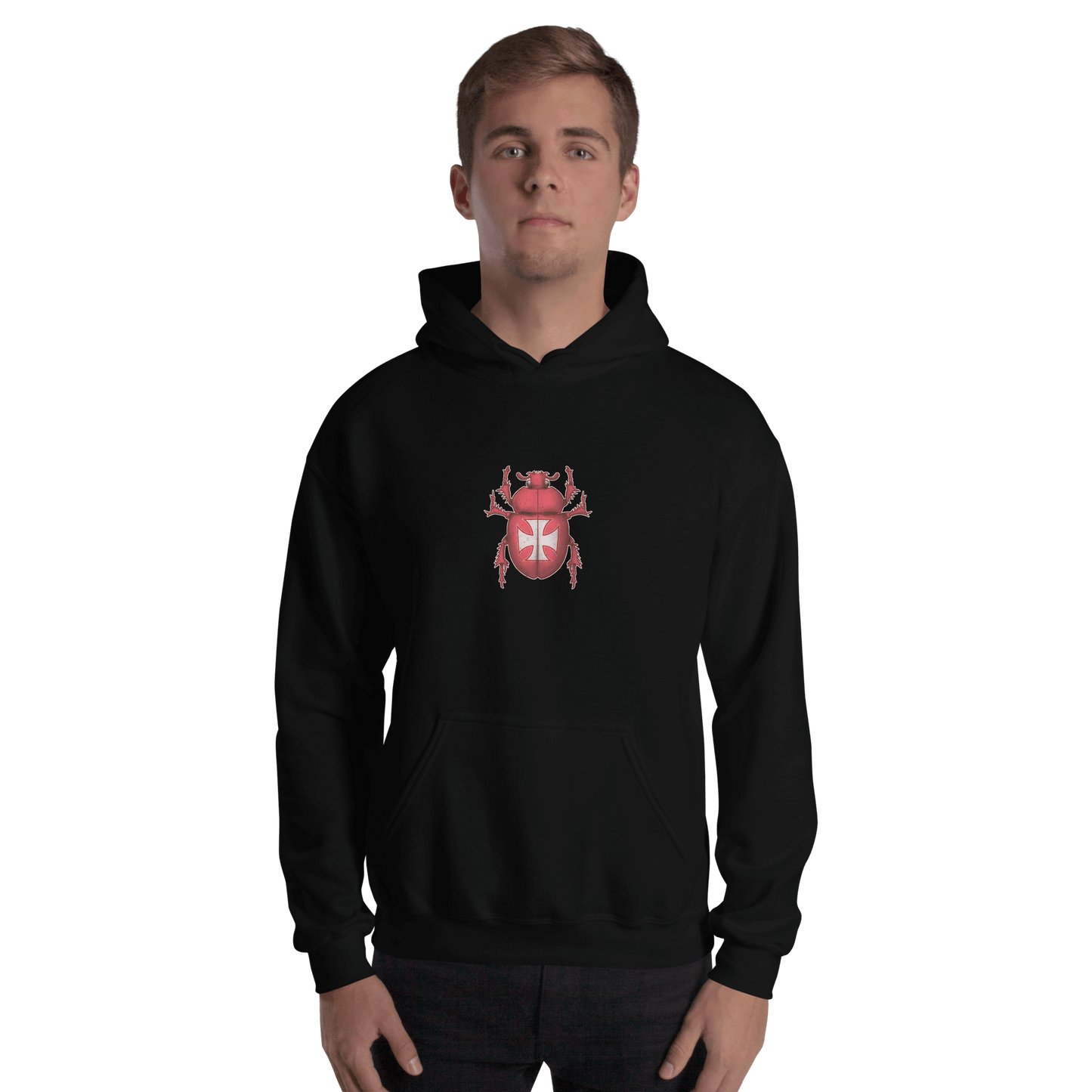 Red Scarab Beetle Hoodie design on a black background, perfect for bikers and motorcycle enthusiasts.