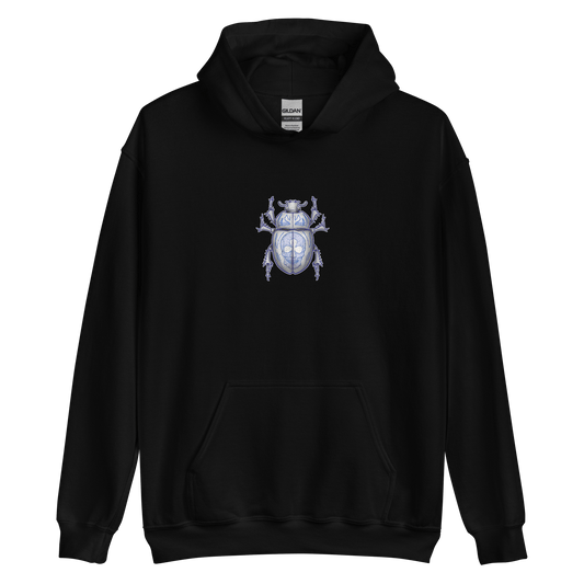 Black hoodie featuring a blue scarab beetle design, perfect for motorcycle lovers and bug art enthusiasts.