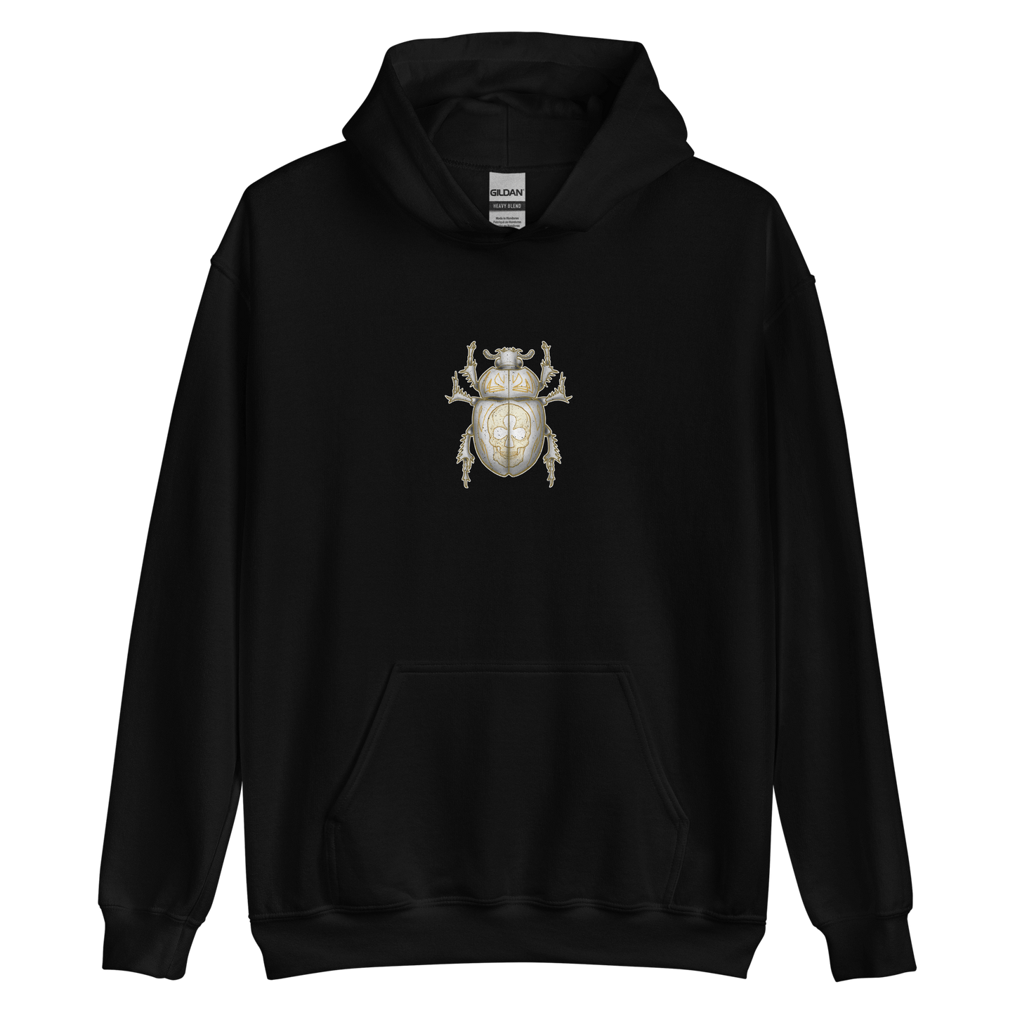 Black hoodie featuring a detailed yellow scarab beetle design, perfect for bikers and bug art enthusiasts.