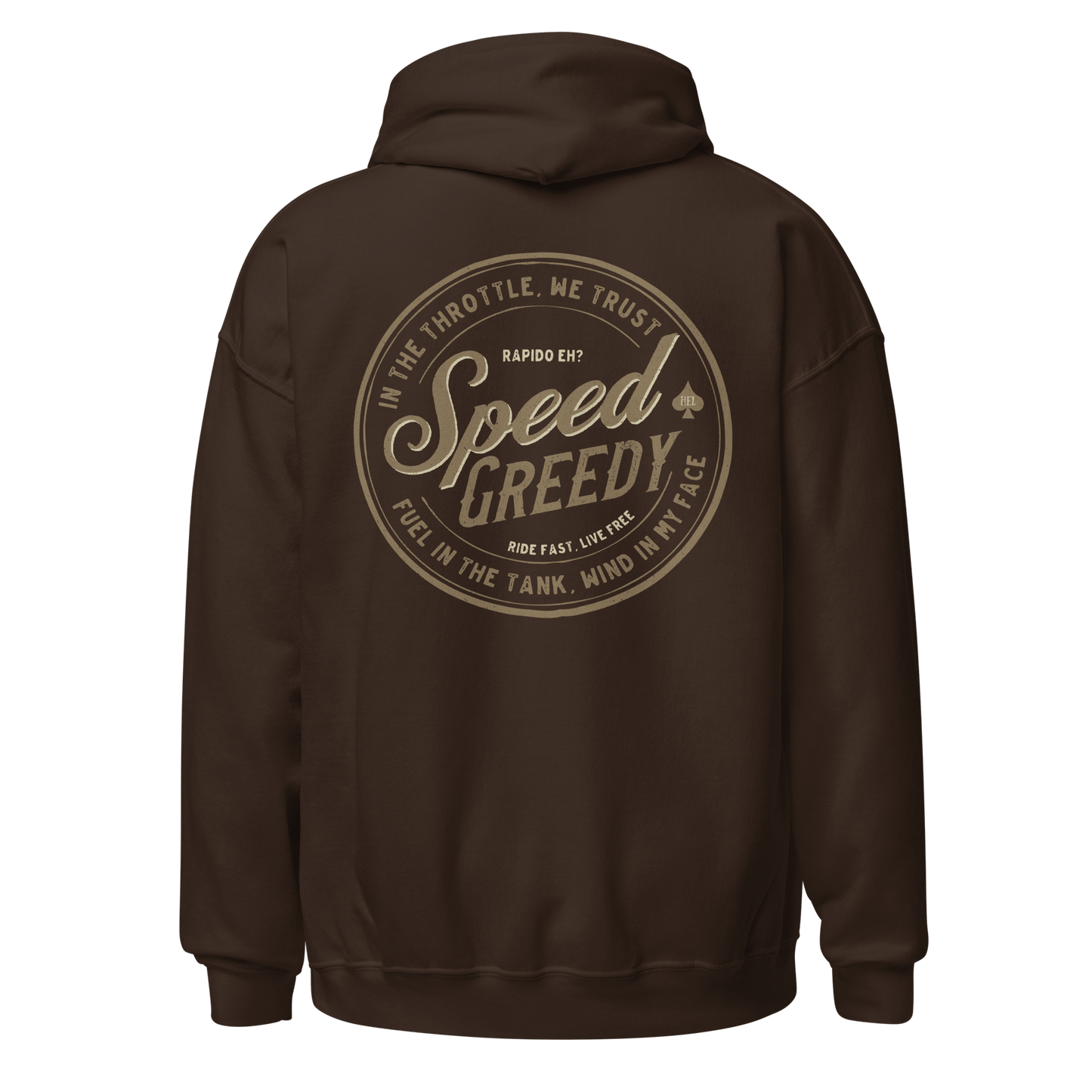 Brown Speed Greedy motorcycle hoodie with graphic design for motorbike enthusiasts.