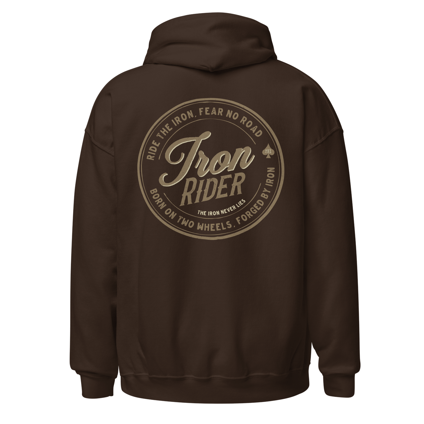 Iron Rider Motorcycle Hoodie with vintage design on back, perfect for motorbike enthusiasts and open road adventurers.