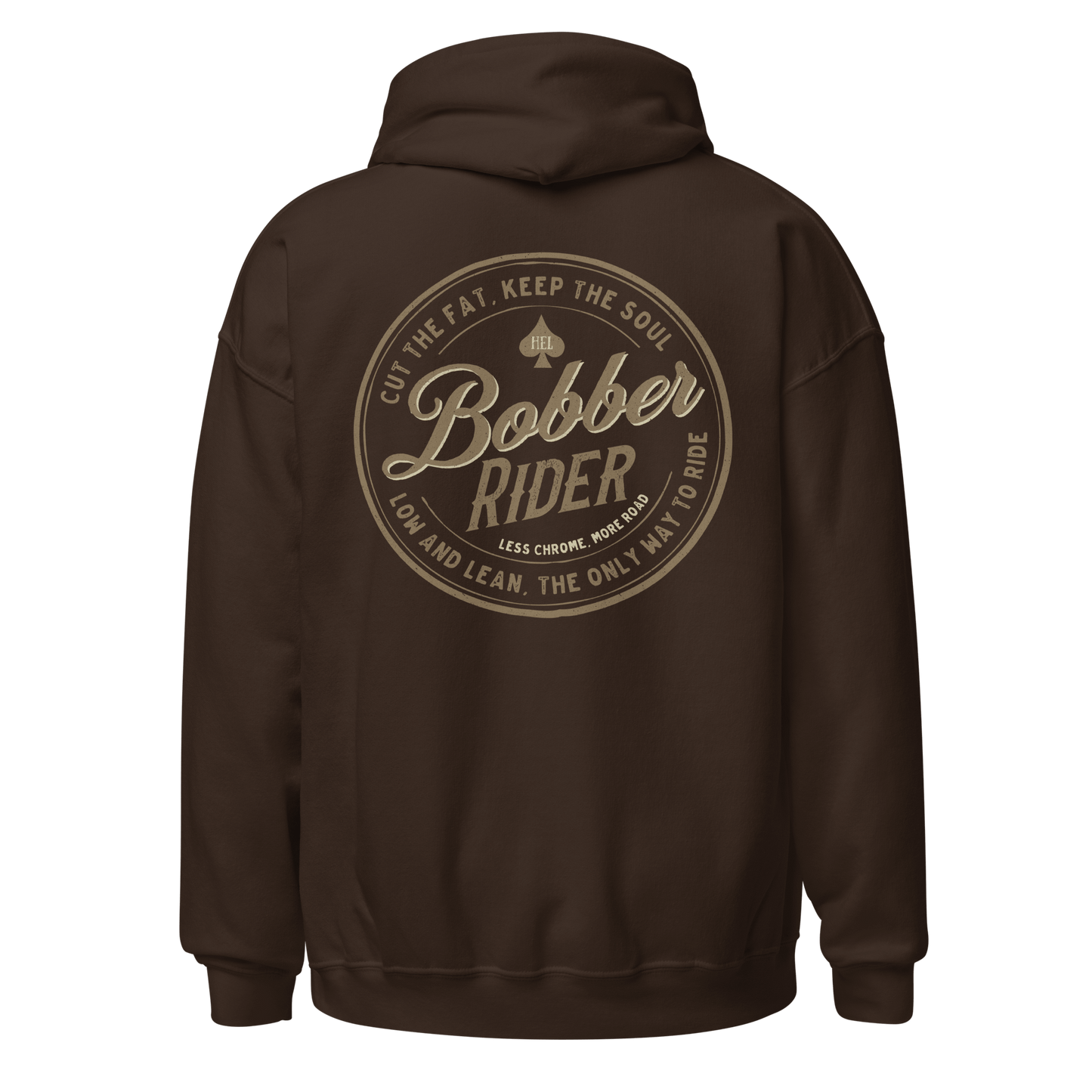 Brown Bobber Rider motorcycle hoodie featuring vintage style and biker graphic design from the Motor Relics collection.