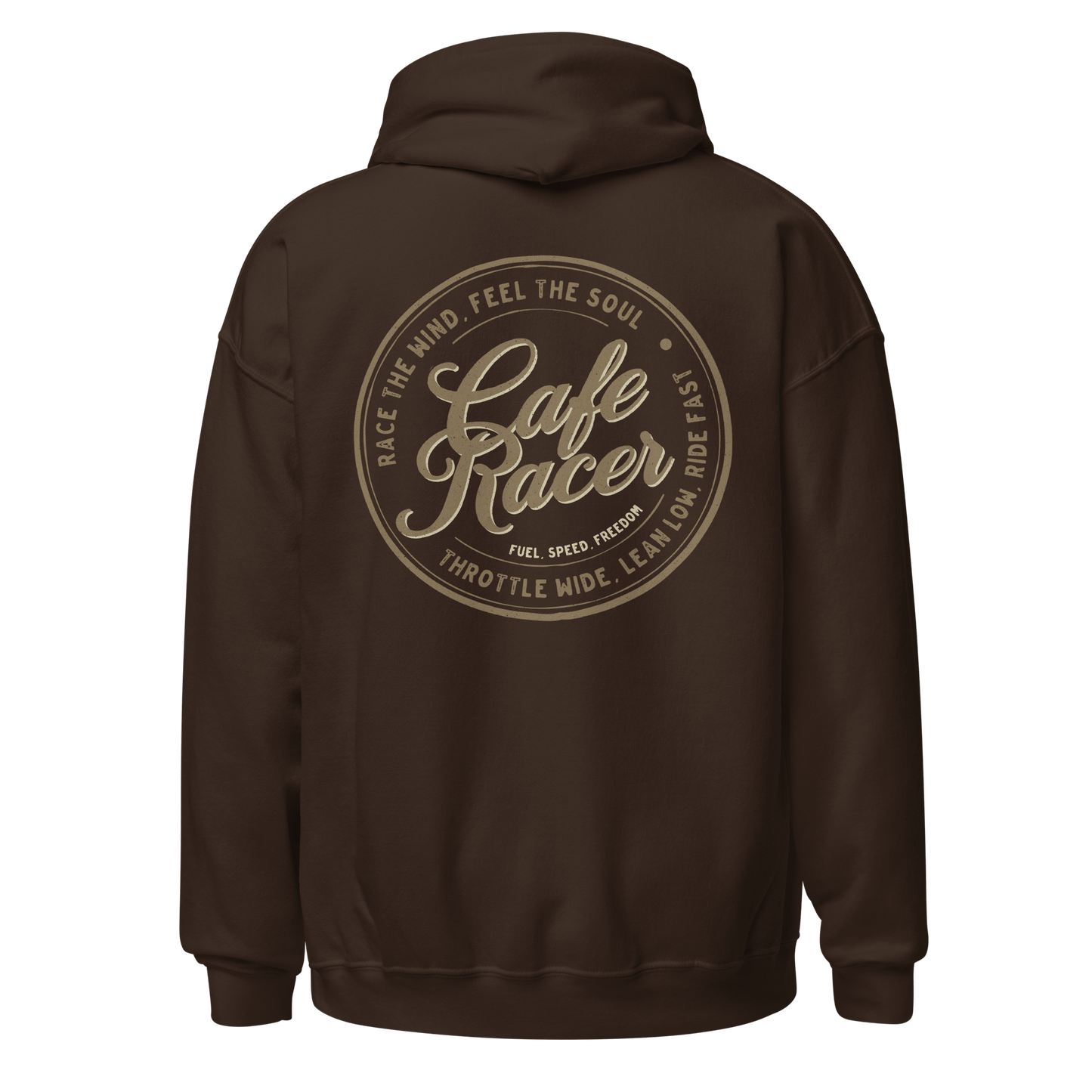 Brown Cafe Racer hoodie with vintage motorcycle design on the back, ideal for bike enthusiasts and lovers of retro style.