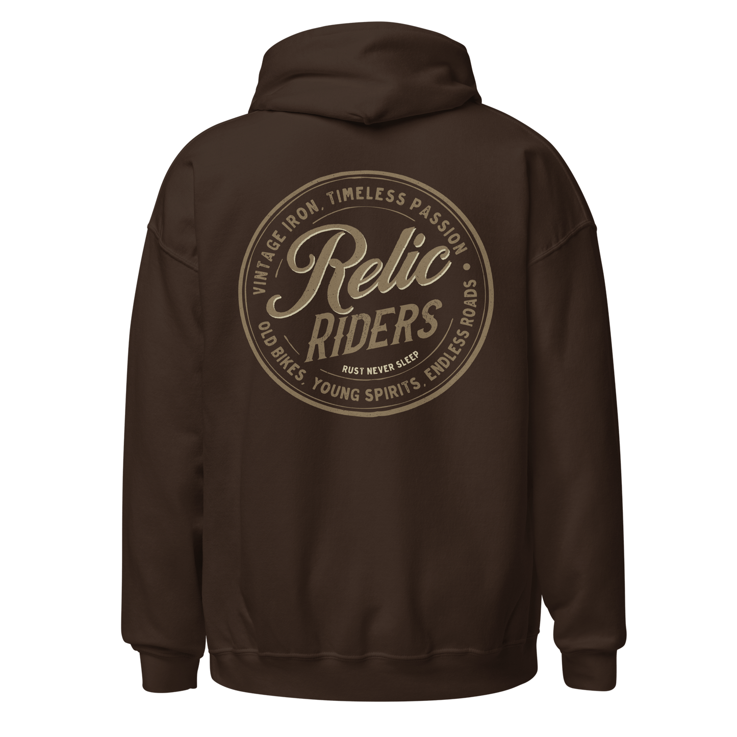 Relic Riders Motorcycle Hoodie with Vintage Iron Design and Timeless Passion Slogan