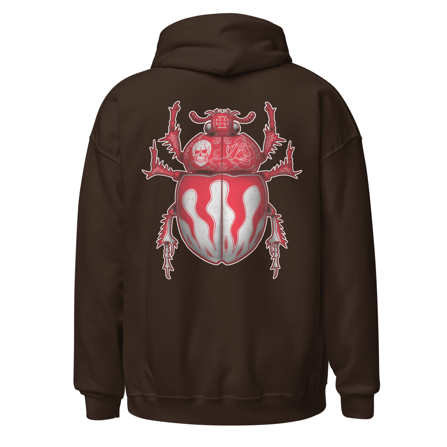 Red scarab beetle design on a cozy brown hoodie, combining motorcycle culture with bug-inspired art.