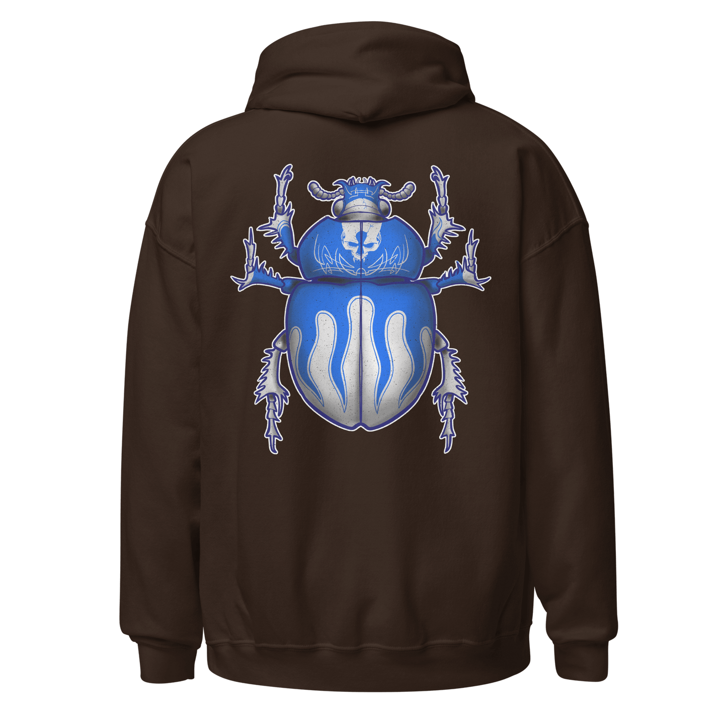 Blue scarab beetle design on the back of a cozy brown hoodie for motorcycle enthusiasts.