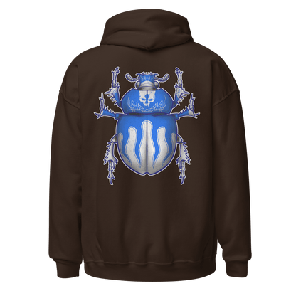 Blue scarab beetle design on the back of a cozy brown hoodie for motorcycle enthusiasts.