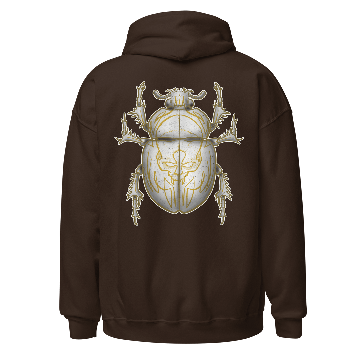 Yellow Scarab Beetle design on the back of a brown hoodie, perfect for motorcycle enthusiasts and bug art lovers.