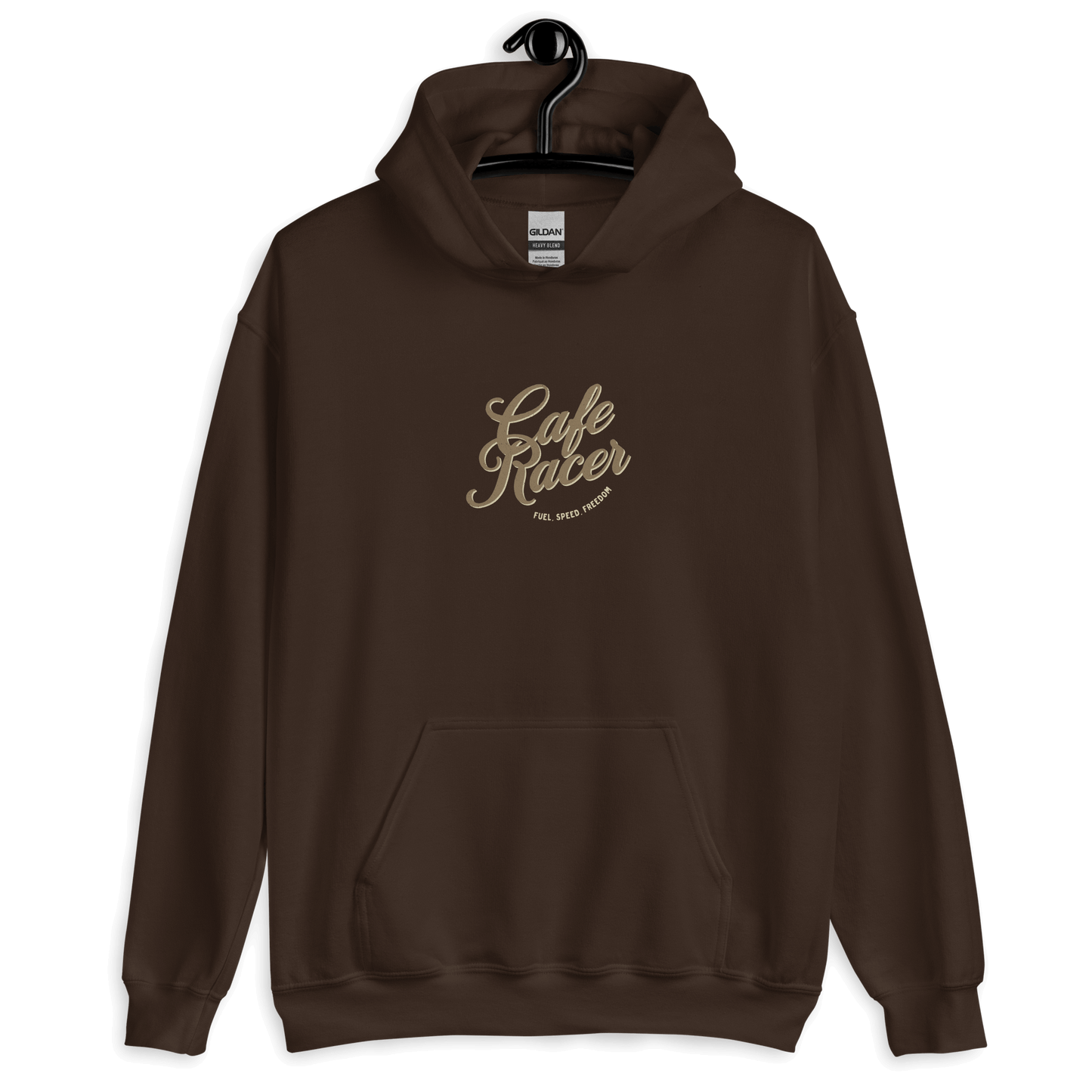 Cafe Racer brown hoodie with vintage motorcycle logo for classic motorbike enthusiasts, featuring a cozy and stylish design.