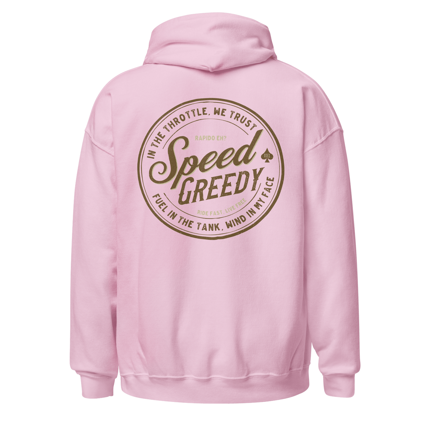 Pink Speed Greedy Motorcycle Hoodie with retro biker design, perfect for motorcycle enthusiasts and classic style lovers