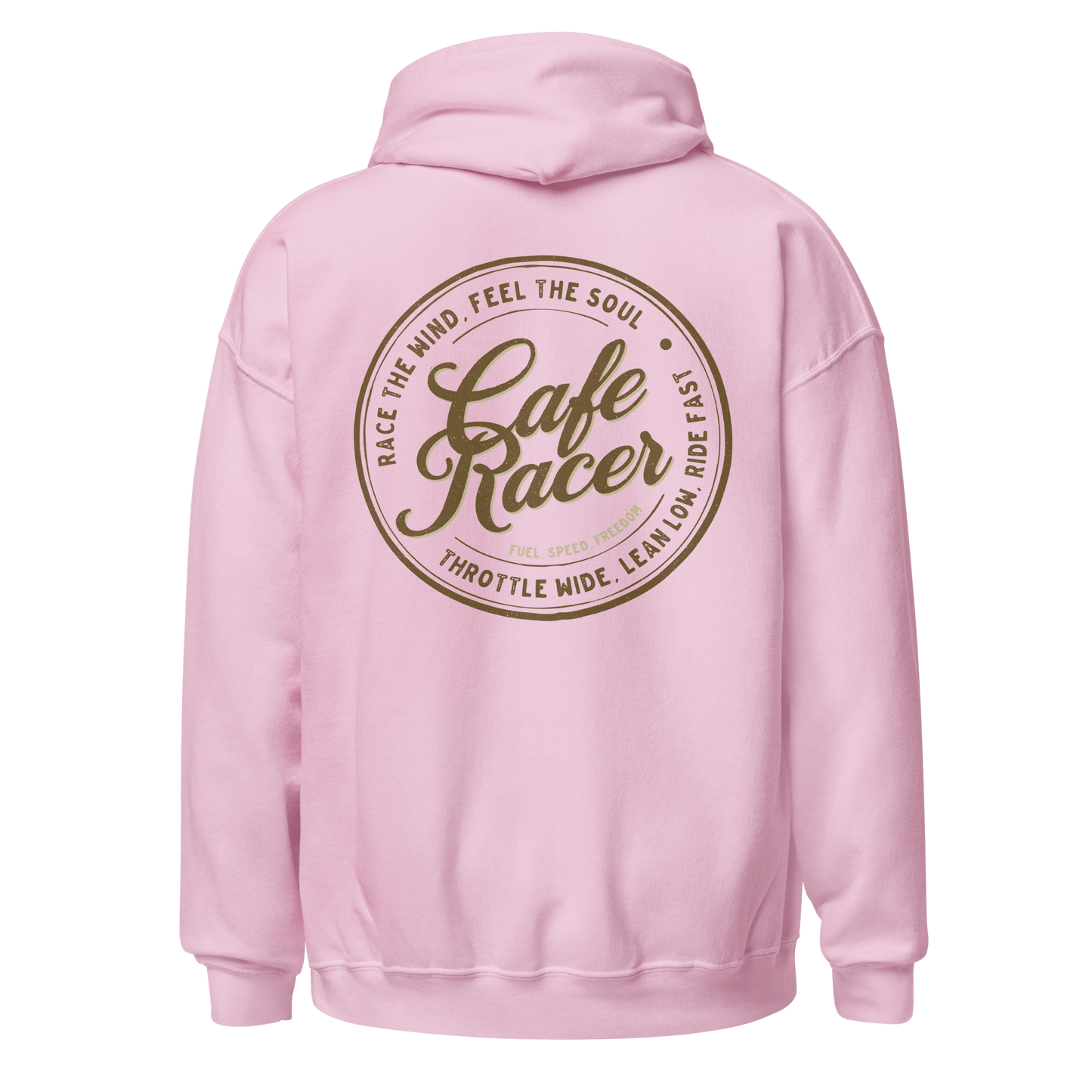 Pink Cafe Racer hoodie with vintage motorcycle design on back, featuring text "Race the Wind, Feel the Soul."