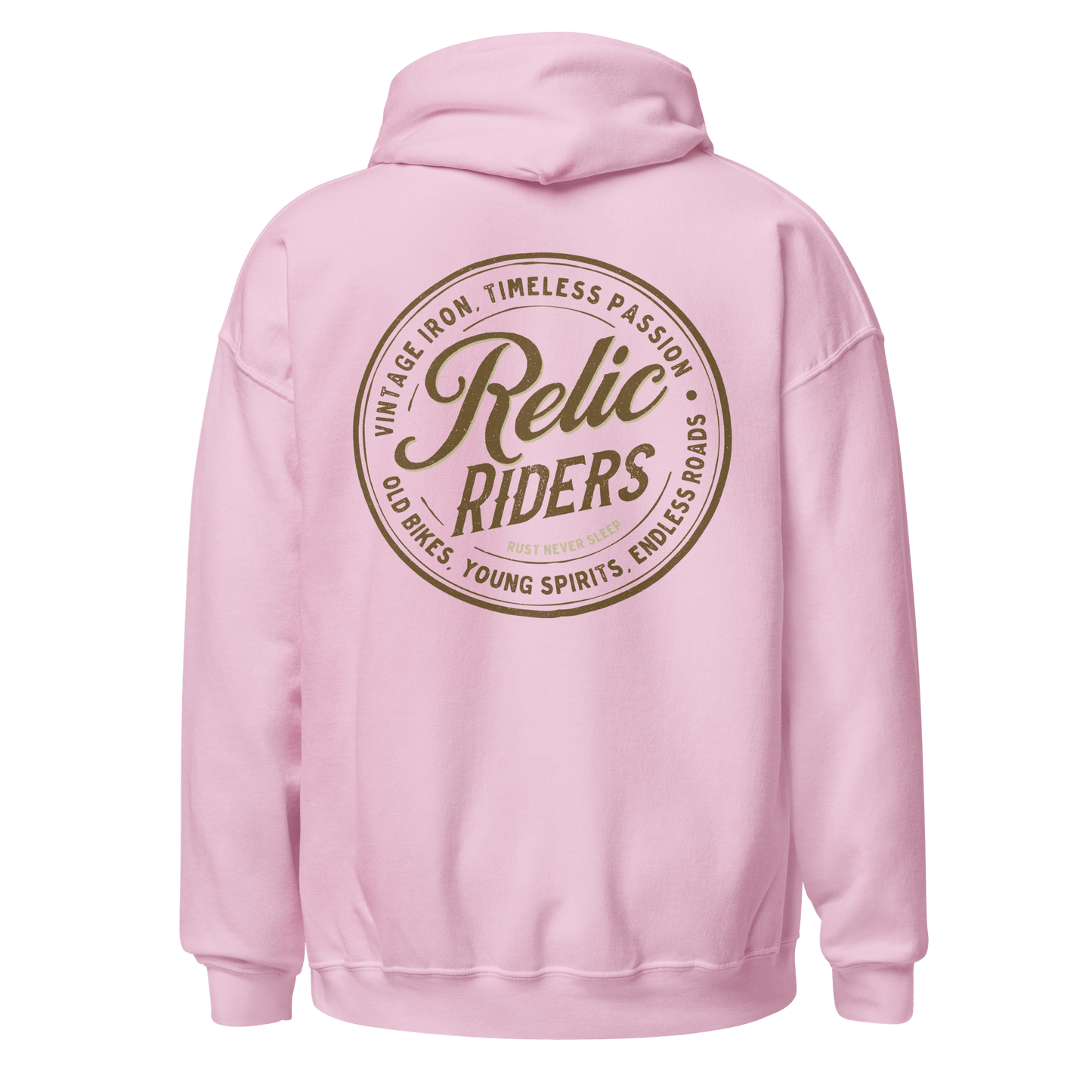 Pink Relic Riders Motorcycle Hoodie with vintage iron and endless roads emblem on the back.