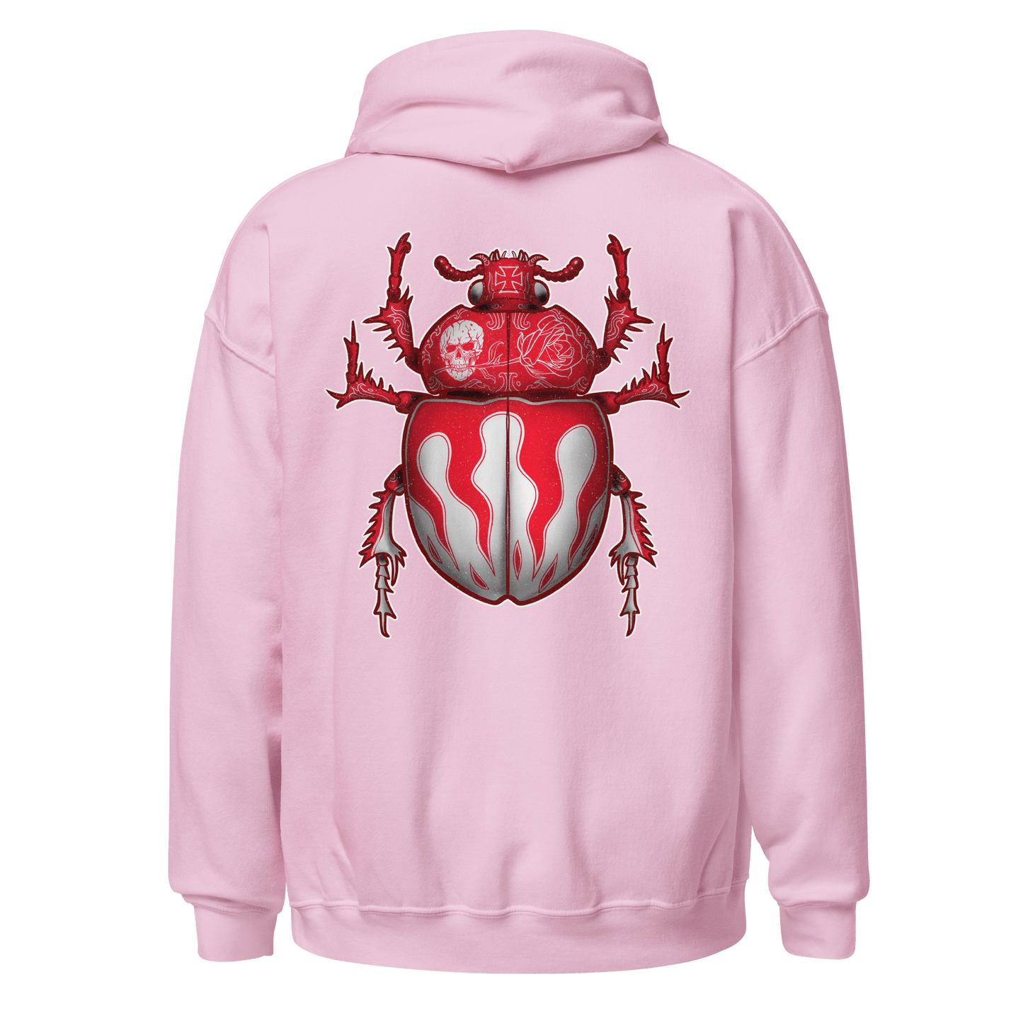 Back view of a pink Scarab Beetle hoodie featuring a striking red bug design, perfect for bikers and style enthusiasts.