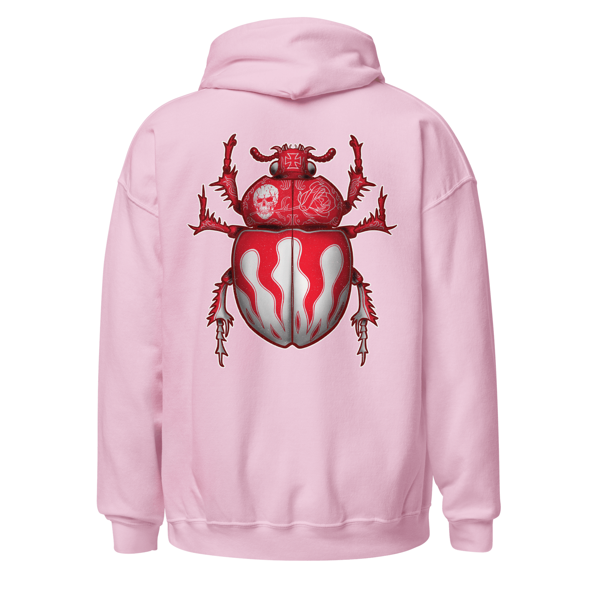Back view of a pink Scarab Beetle hoodie featuring a striking red bug design, perfect for bikers and style enthusiasts.