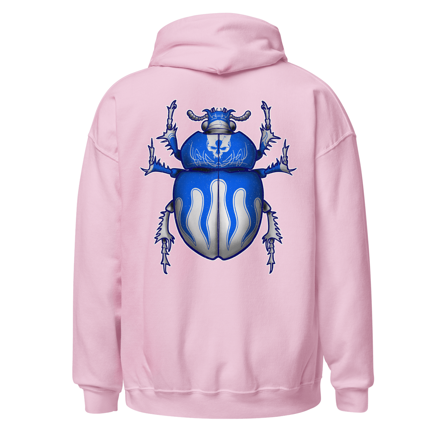 Blue Scarab Beetle design on the back of a pink hoodie, blending bug art with motorcycle culture.