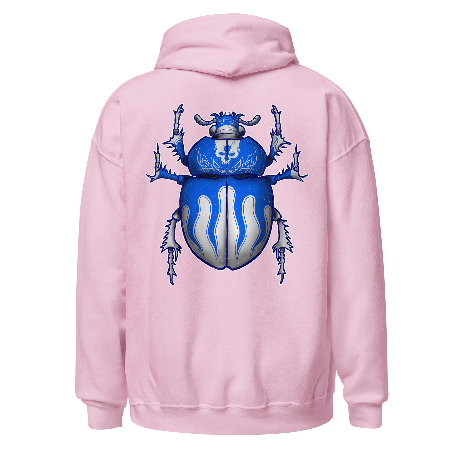 Blue Scarab Beetle design on the back of a pink hoodie, blending bug art with motorcycle culture.