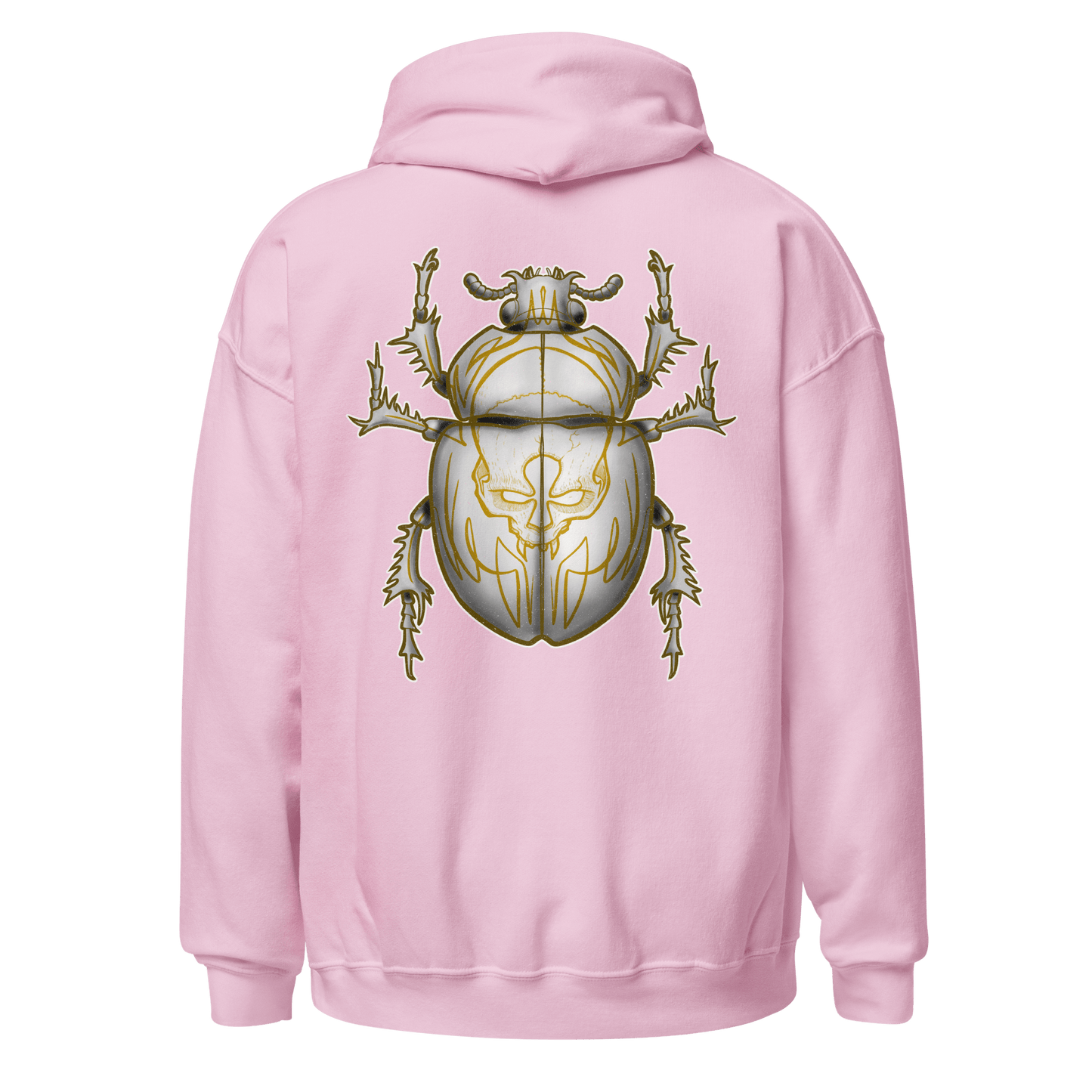 Pink hoodie featuring a detailed yellow scarab beetle design on the back, perfect for motorcycle enthusiasts and bug art lovers.