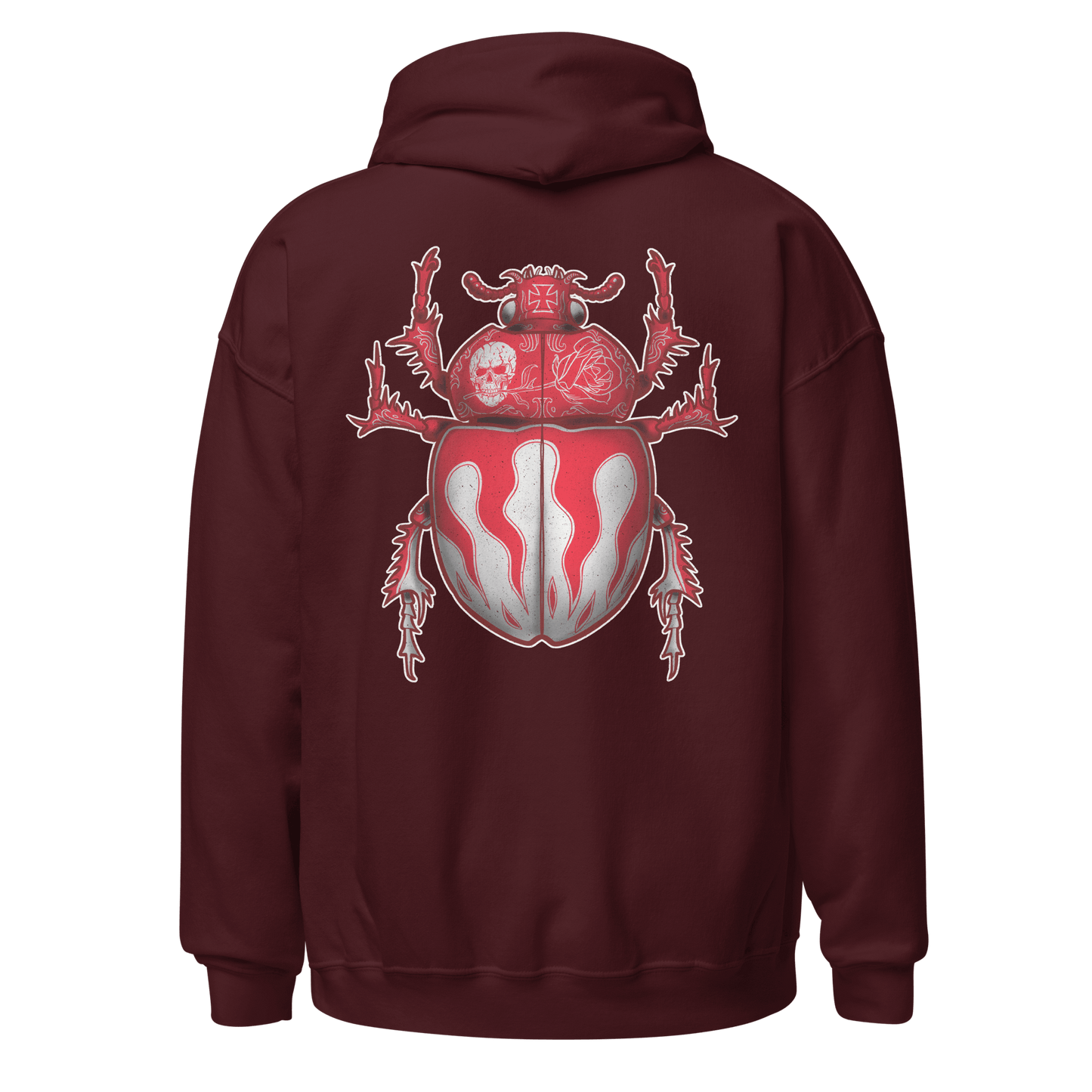 Red Scarab Beetle Hoodie with bold bug design, perfect for bikers and motorcycle enthusiasts.