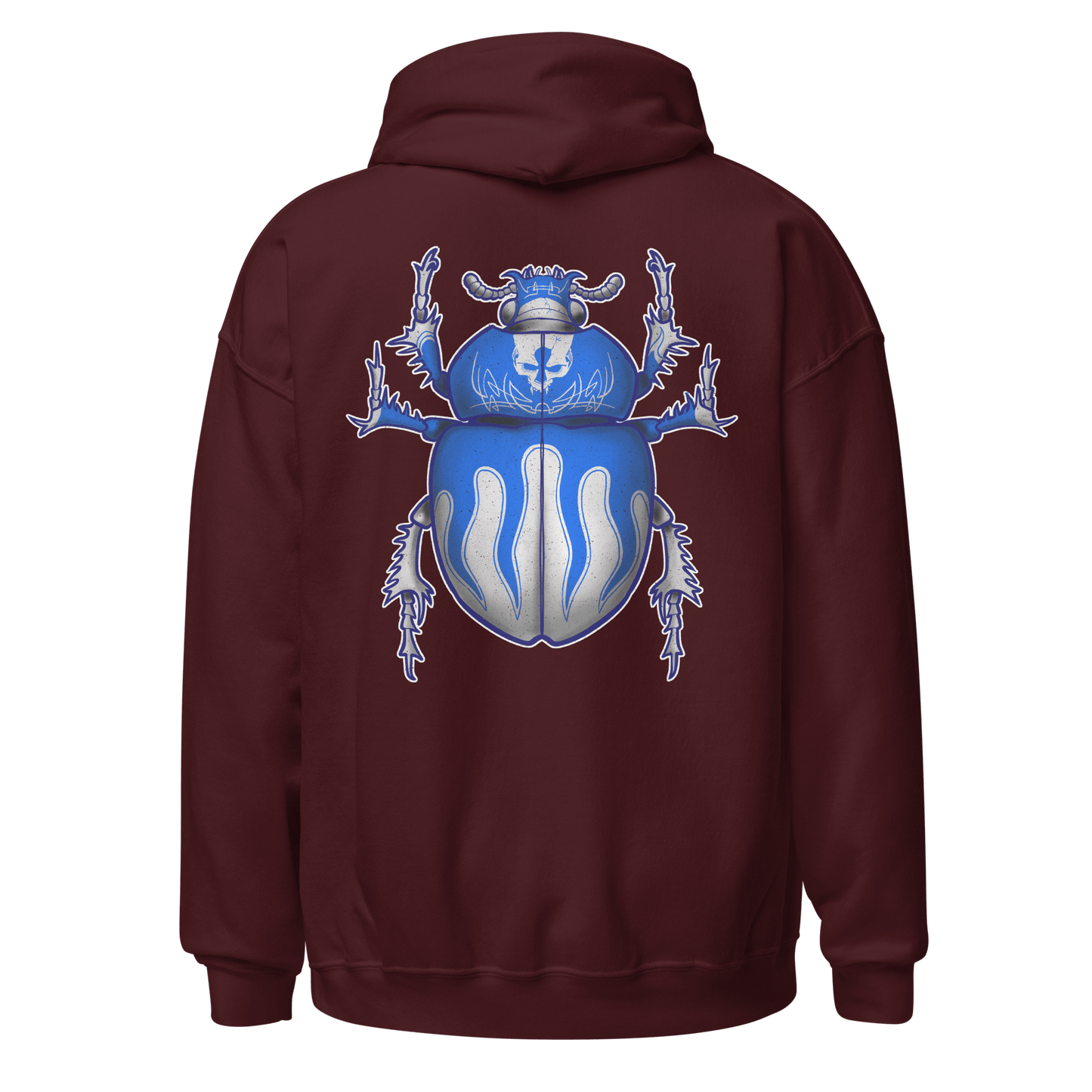 Blue scarab beetle graphic on the back of a burgundy hoodie, perfect for bikers and bug art lovers.