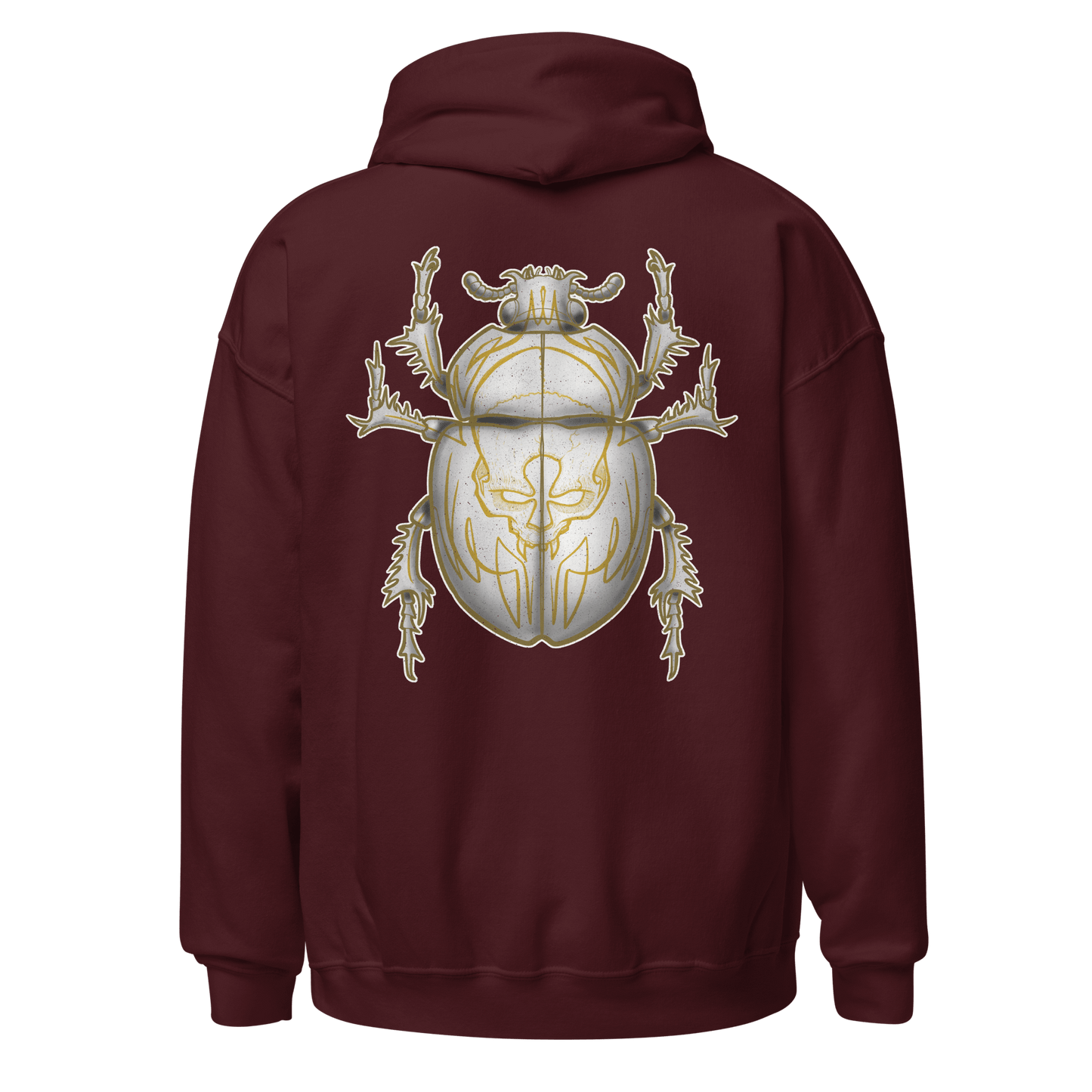 Back view of a maroon hoodie featuring a detailed yellow scarab beetle design, perfect for bikers and bug art lovers.