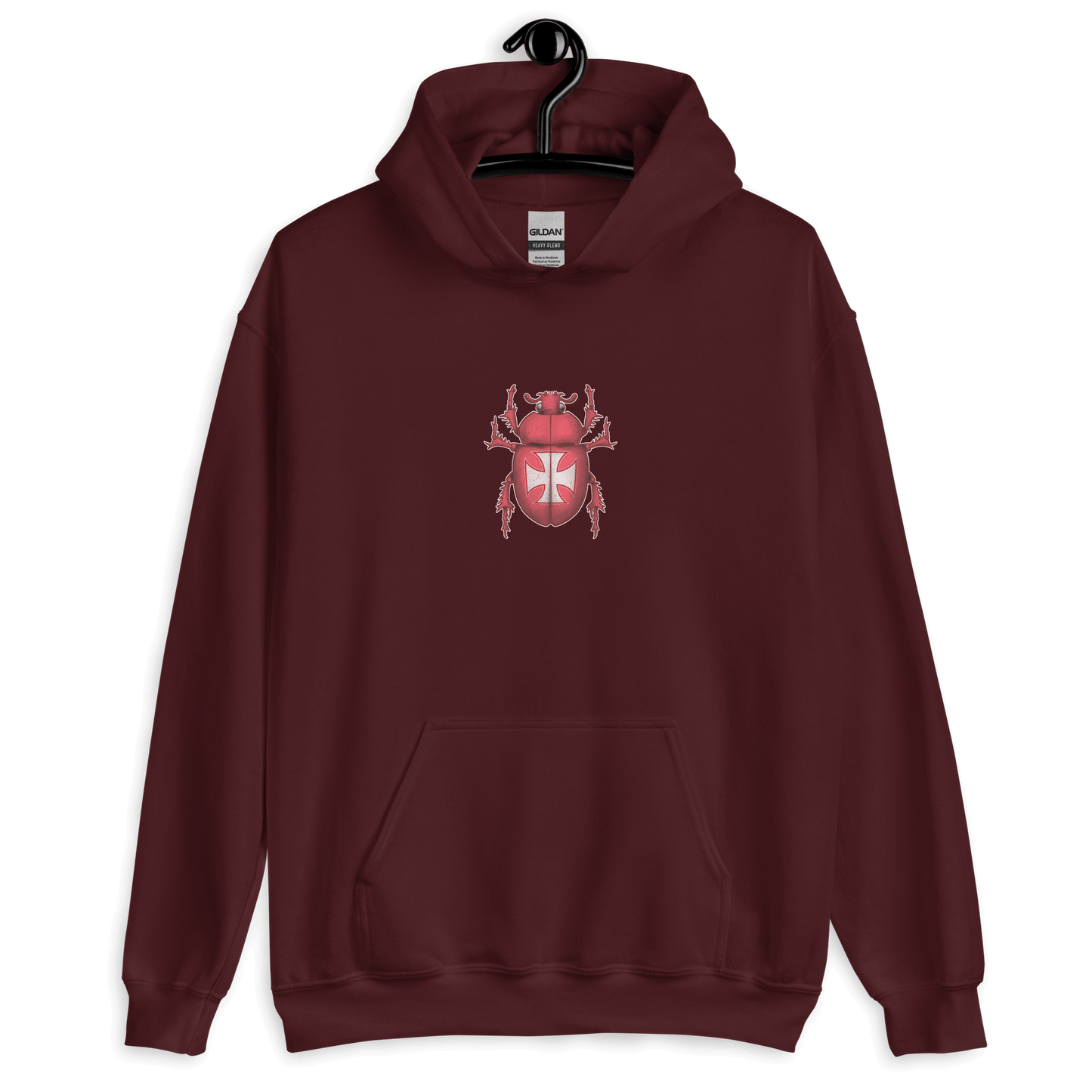 Red Scarab Beetle Hoodie featuring unique Maltese design for bikers and motorcycle lovers. Cozy and stylish apparel.