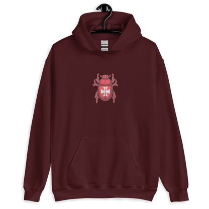 Red Scarab Beetle Hoodie featuring unique Maltese design for bikers and motorcycle lovers. Cozy and stylish apparel.