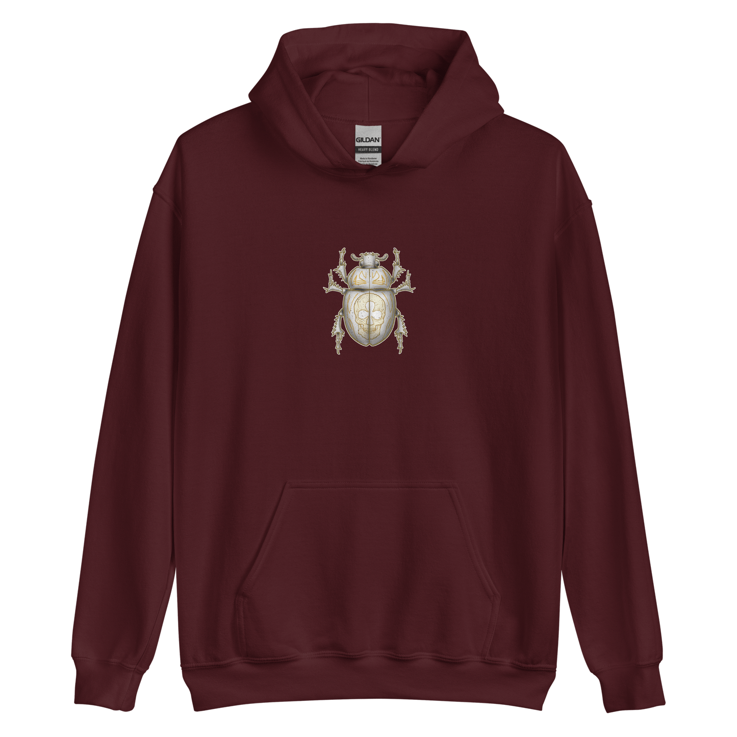 Yellow Scarab Beetle design on a maroon hoodie, perfect for motorcycle enthusiasts and bug art lovers.