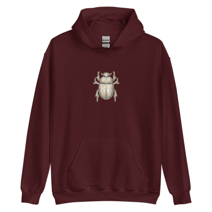 Yellow Scarab Beetle design on a maroon hoodie, perfect for motorcycle enthusiasts and bug art lovers.