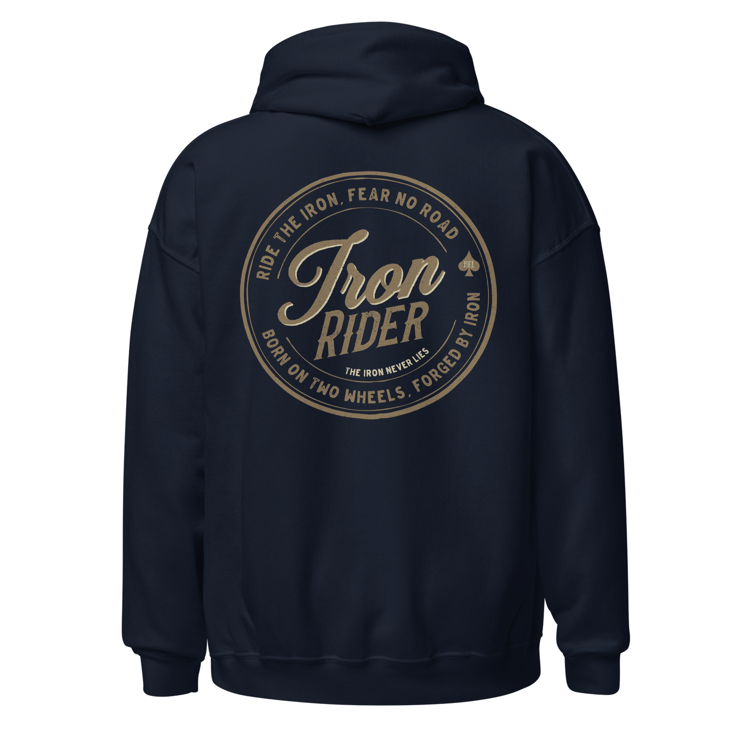 Iron Rider motorcycle hoodie with back logo design, perfect for motorbike enthusiasts seeking soft, stylish apparel for the open road.