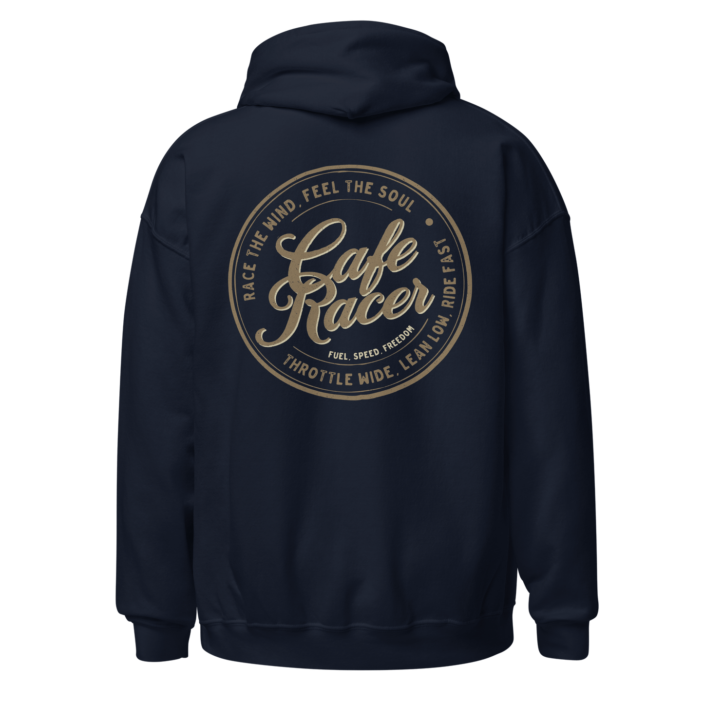 Cafe Racer hoodie with vintage motorcycle design on the back, ideal for motorbike enthusiasts and classic apparel lovers.