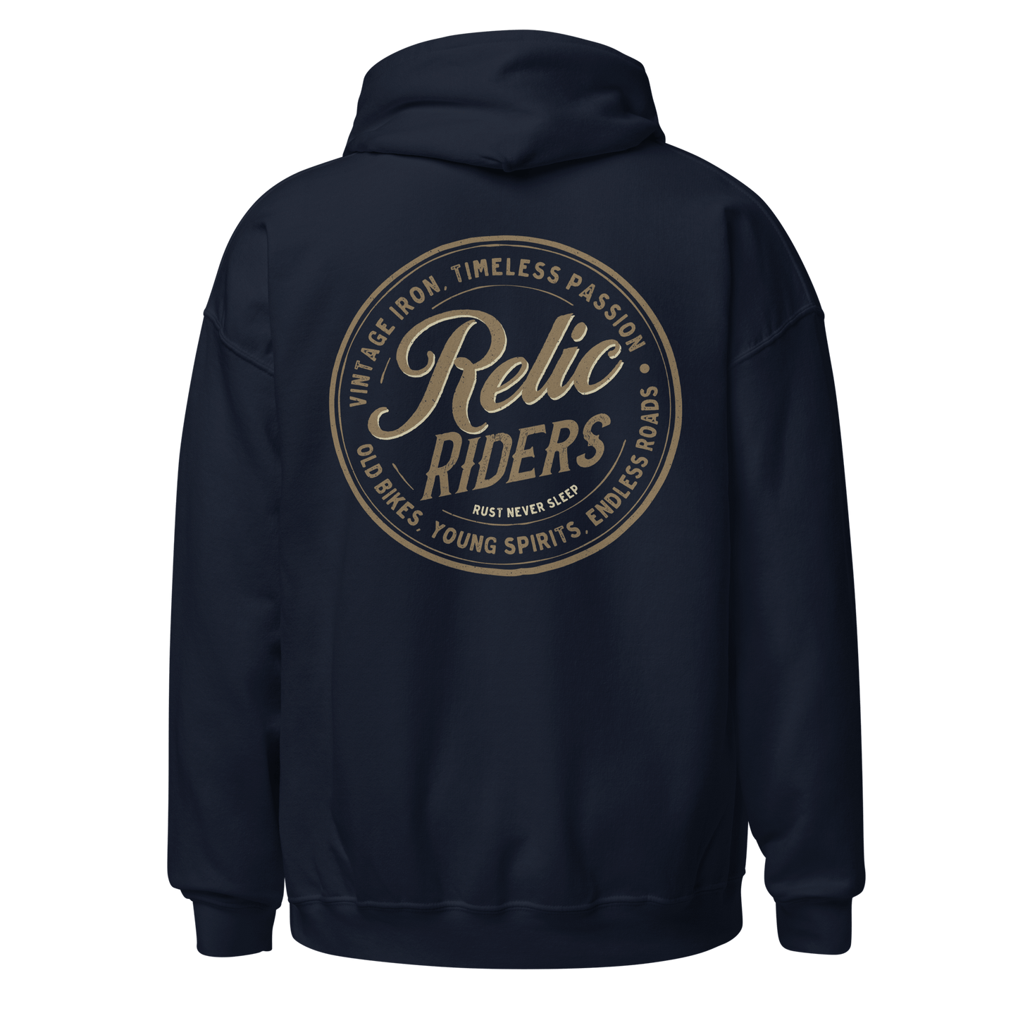 Relic Riders Motorcycle Hoodie with vintage design and timeless spirit logo on the back, ideal for bikers and cool weather.