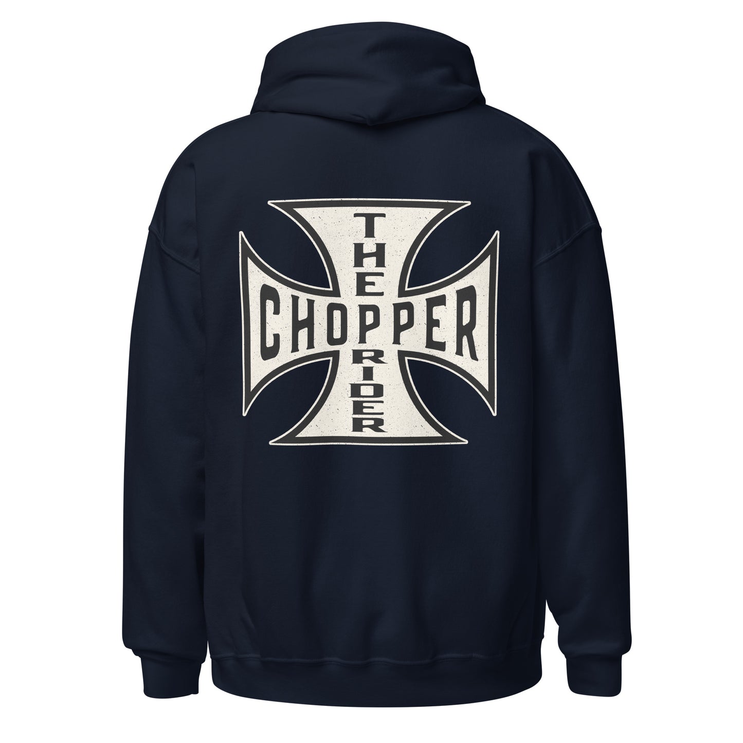 Chopper hoodie featuring iconic Iron Cross design on the back, perfect for motorbike enthusiasts and stylish comfort.