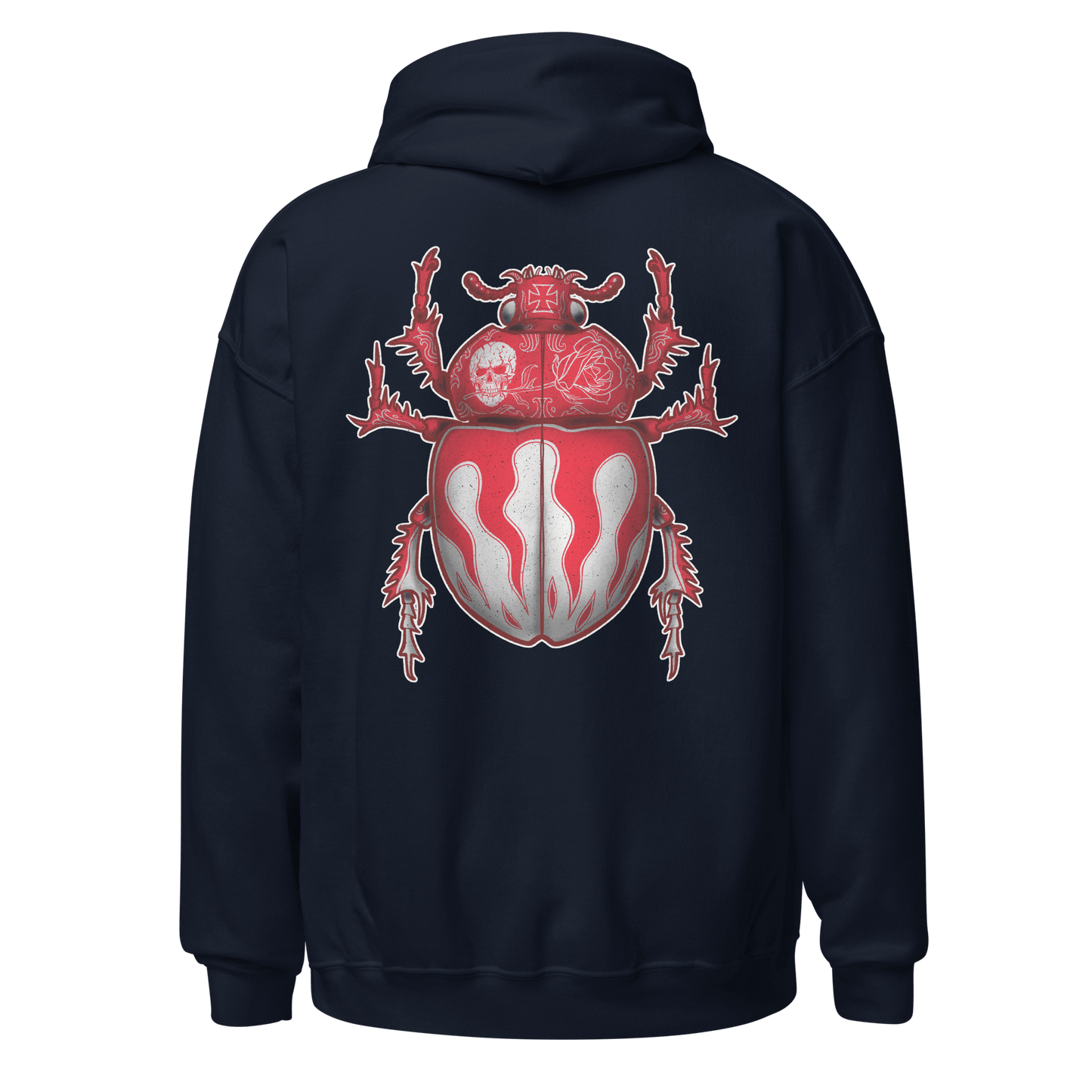 Red Scarab Beetle design on the back of a navy hoodie, blending motorcycle culture with bug-inspired art.