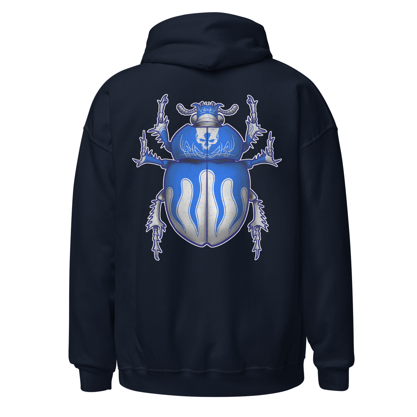 Blue Scarab Beetle design on navy hoodie, perfect for bikers and bug art enthusiasts.