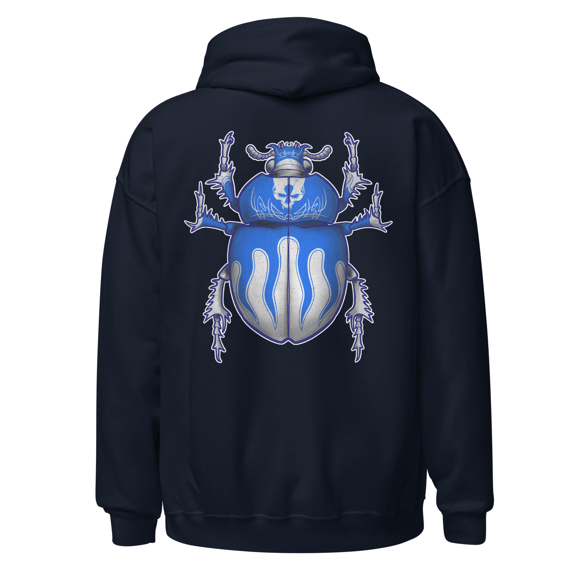 Blue Scarab Beetle design on navy hoodie, perfect for bikers and bug art enthusiasts.