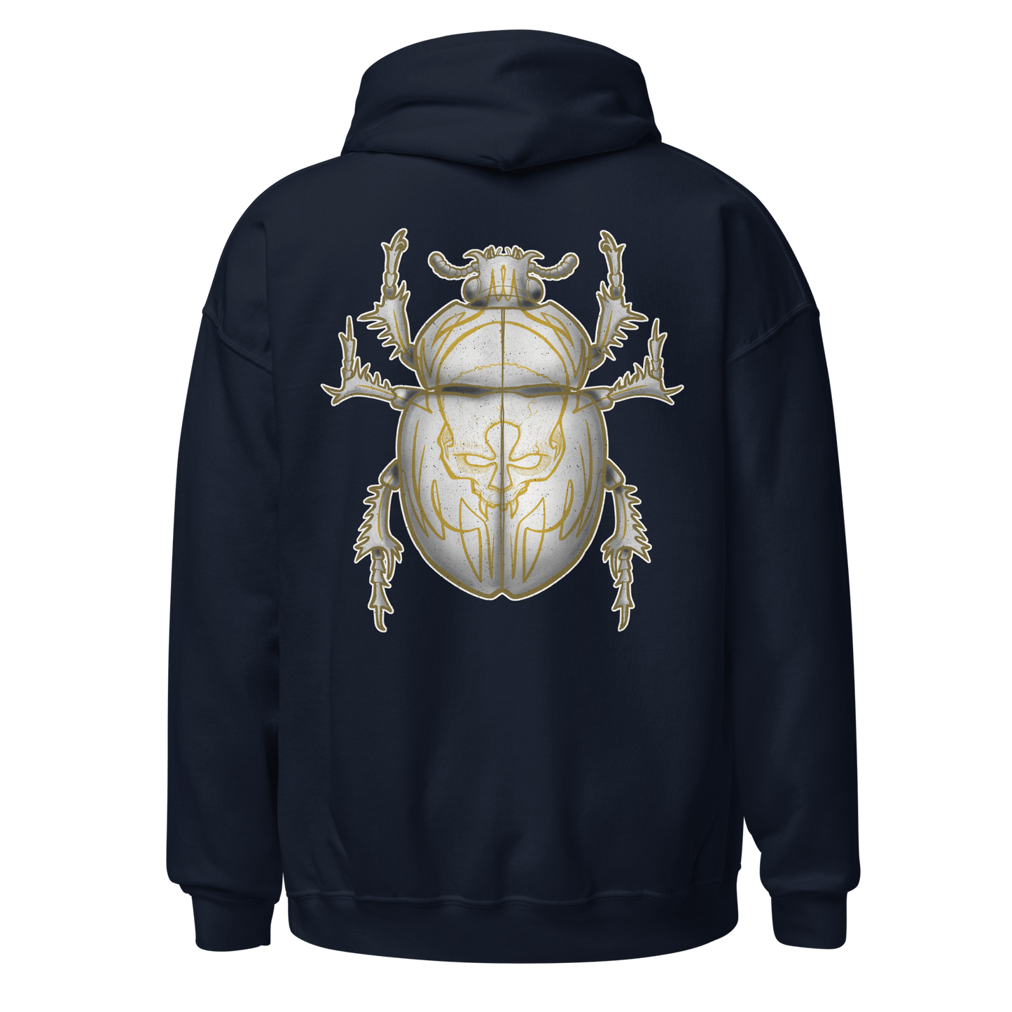 Yellow scarab beetle design on the back of a navy bug motorcycle hoodie for bikers and motorcycle lovers.