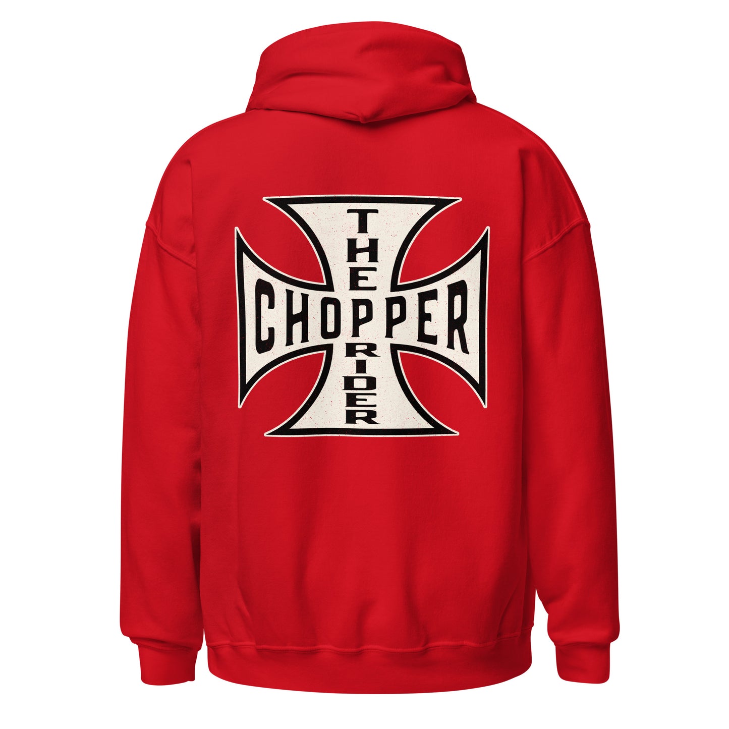 Red Chopper Hoodie featuring iconic Iron Cross design, perfect for motorbike enthusiasts and classic motorcycle apparel.