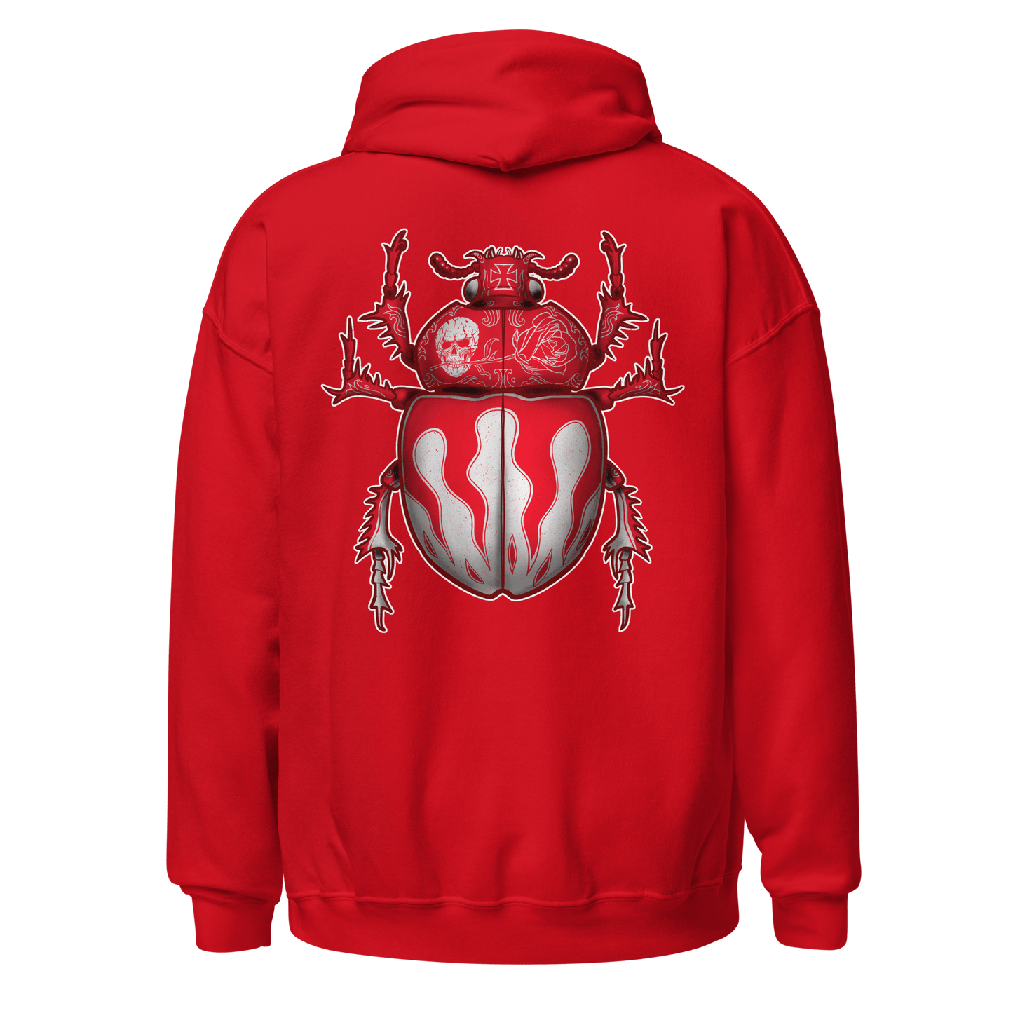 Red Scarab Beetle Hoodie featuring bold bug-inspired art on the back, perfect for motorcycle lovers and bikers.