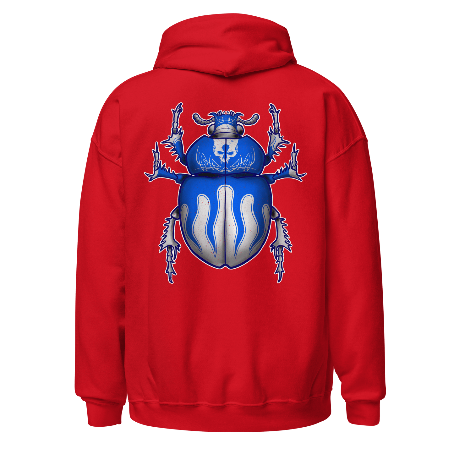 Red hoodie featuring a blue scarab beetle design on the back, perfect for motorcycle enthusiasts and bug art lovers.