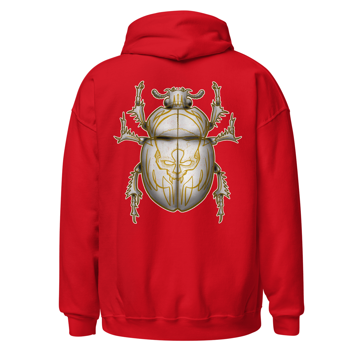 Red hoodie featuring a detailed yellow scarab beetle graphic on the back, perfect for bikers and bug art lovers.