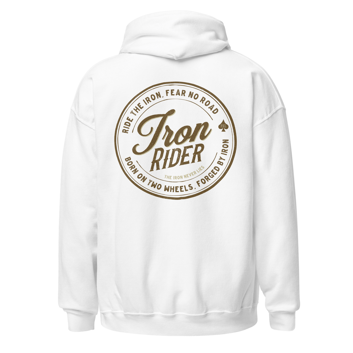 White Iron Rider motorcycle hoodie with graphic print, perfect for motorbike enthusiasts and lovers of the open road.