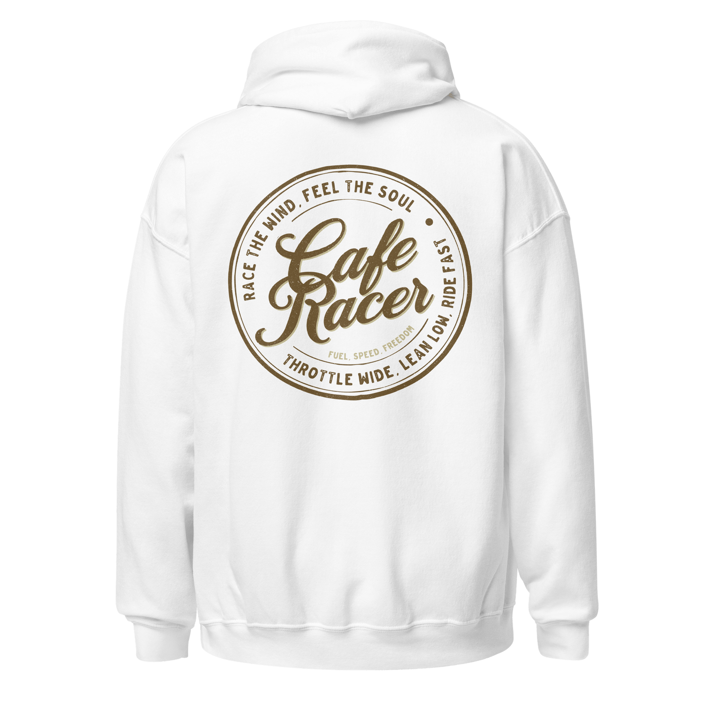 White Cafe Racer hoodie featuring vintage motorcycle-inspired design with slogan on the back.