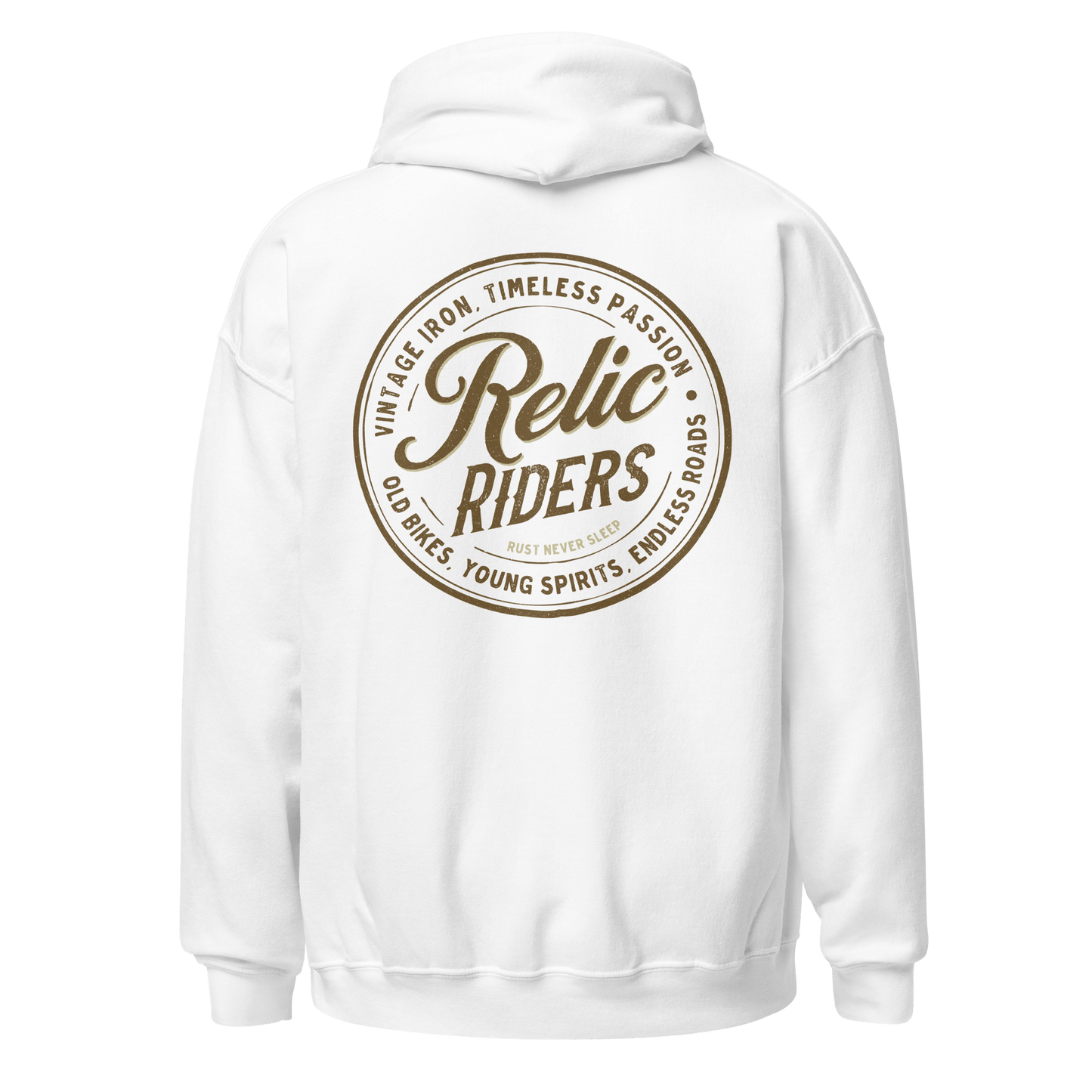 Relic Riders motorcycle hoodie with vintage iron, timeless passion logo on back in white.