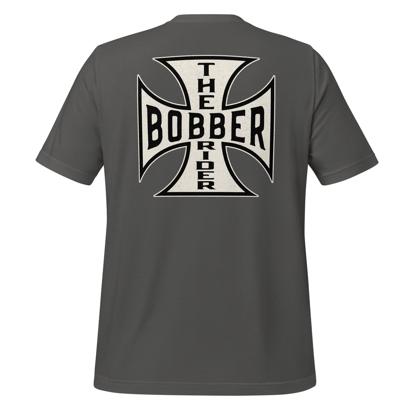 Back view of Bobber Rider T-shirt featuring a Maltese cross design, perfect for motorcycle enthusiasts.