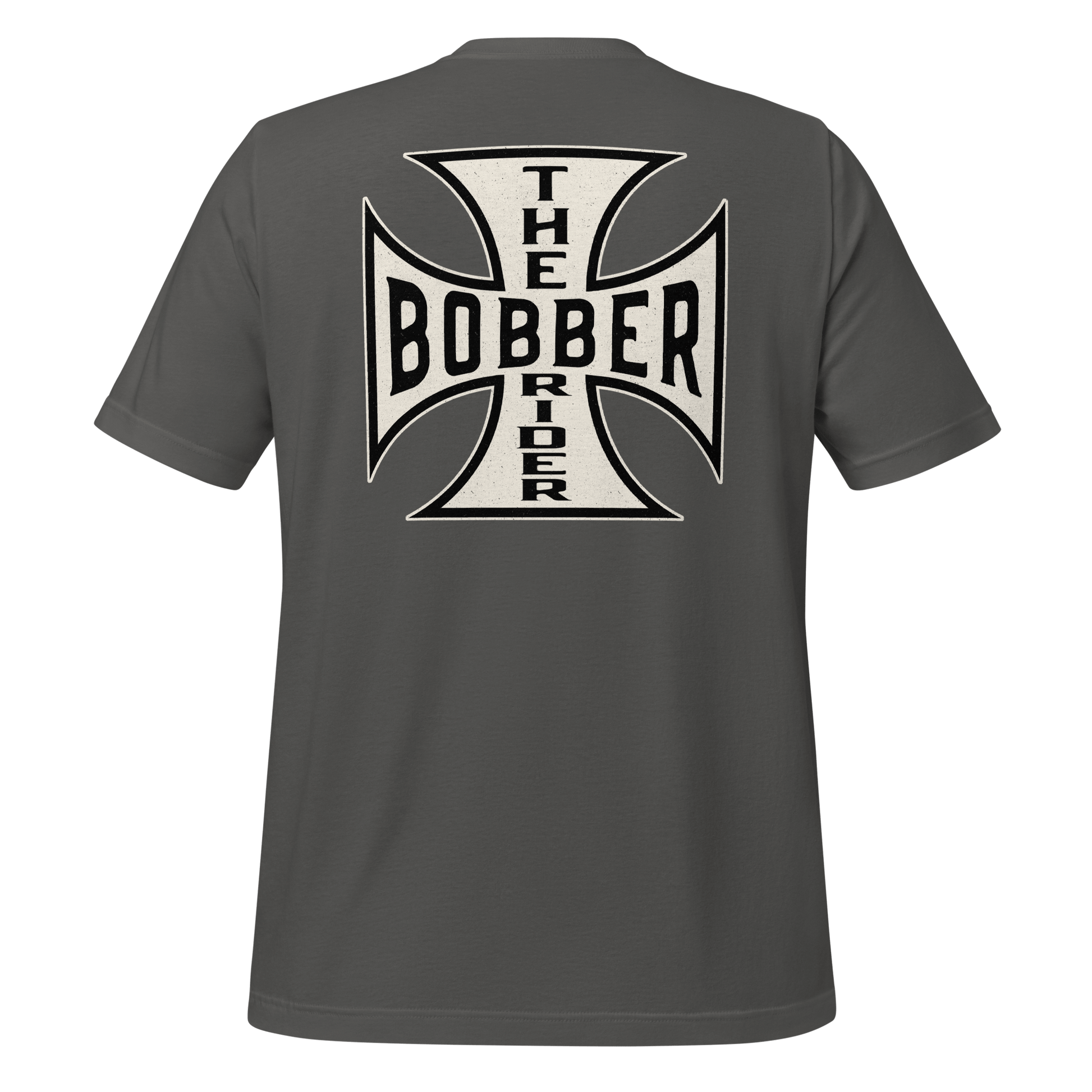 Back view of Bobber Rider T-shirt featuring a Maltese cross design, perfect for motorcycle enthusiasts.