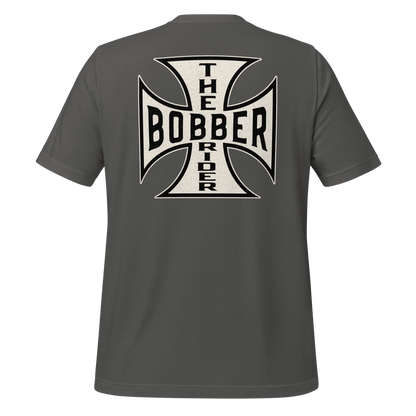 Back view of Bobber Rider T-shirt featuring a Maltese cross design, perfect for motorcycle enthusiasts.